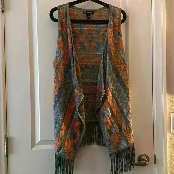 INC International Concepts Large Modern Chic Bitter Orange Fringe Cardigan Vest - Picture 1 of 4